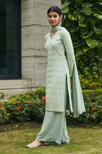 Pastel green rohana mirror work & chikankari embroidered kurta set