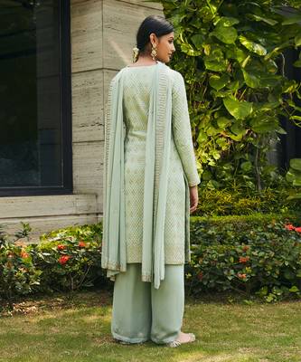 Pastel green rohana mirror work & chikankari embroidered kurta set 3