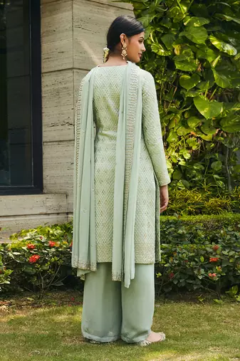 Pastel green rohana mirror work & chikankari embroidered kurta set