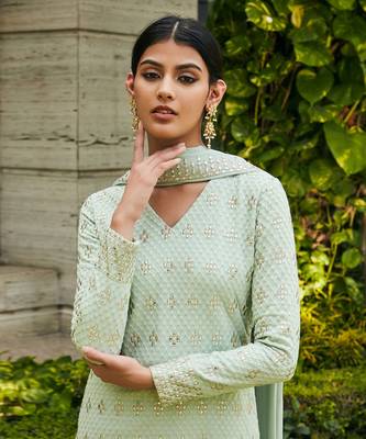 Pastel green rohana mirror work & chikankari embroidered kurta set 4