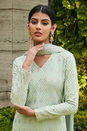 Pastel green rohana mirror work & chikankari embroidered kurta set