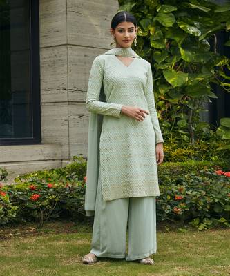 Pastel green rohana mirror work & chikankari embroidered kurta set 5
