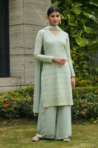 Pastel green rohana mirror work & chikankari embroidered kurta set