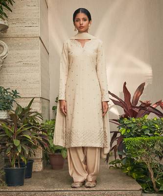 Beige avisa mirror work & chikankari embroidered kurta set 1