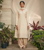 Beige avisa mirror work & chikankari embroidered kurta set