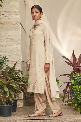 Beige avisa mirror work & chikankari embroidered kurta set