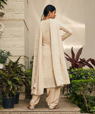 Beige avisa mirror work & chikankari embroidered kurta set 3