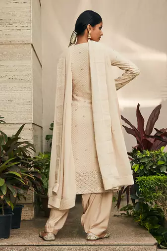 Beige avisa mirror work & chikankari embroidered kurta set