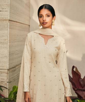Beige avisa mirror work & chikankari embroidered kurta set 4