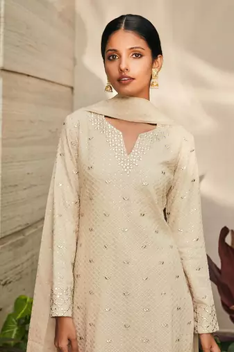 Beige avisa mirror work & chikankari embroidered kurta set