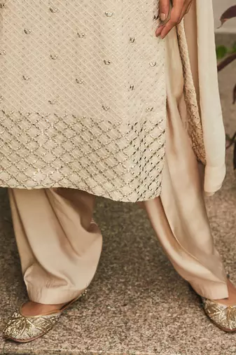 Beige avisa mirror work & chikankari embroidered kurta set