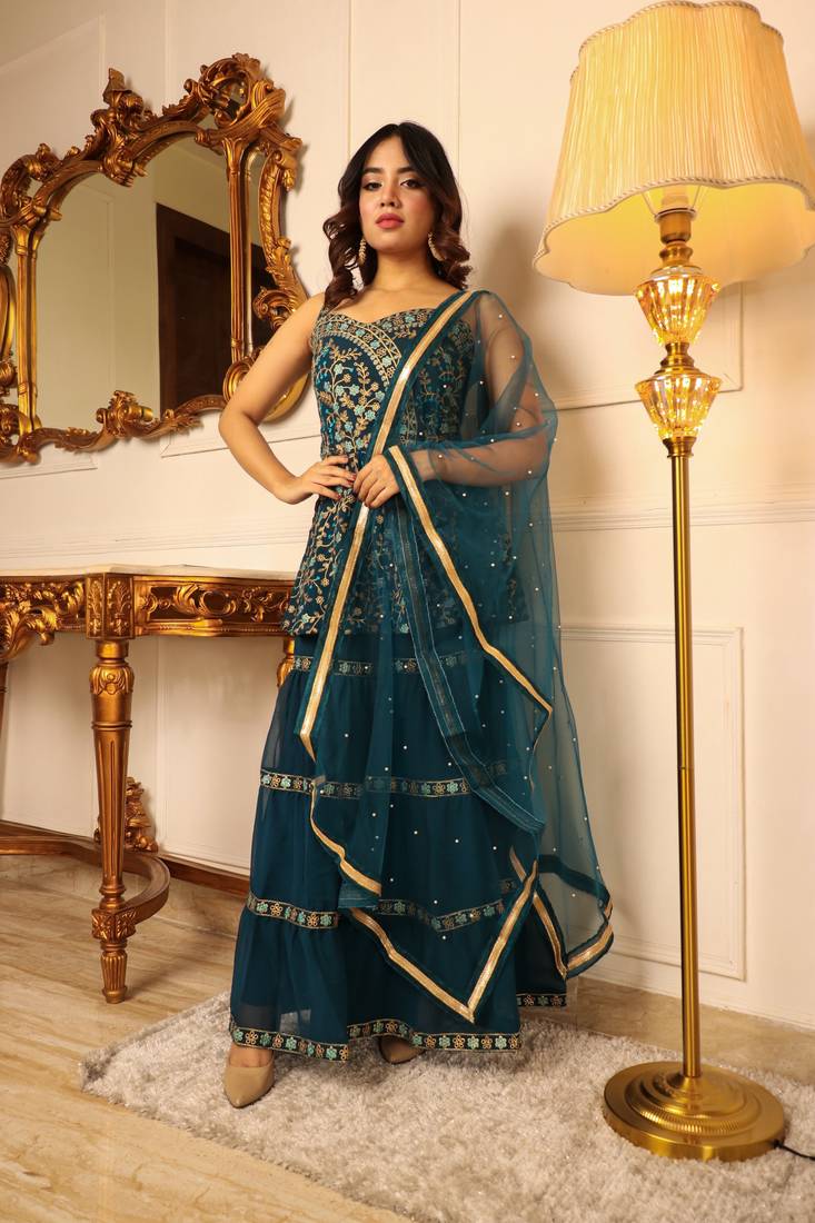 Teal green embroidered empire thread work kurta with sharara and dupatta