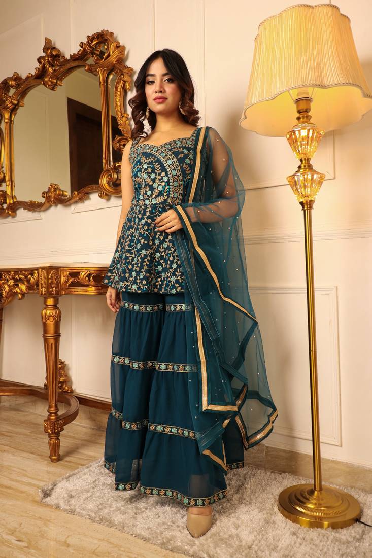 Teal green embroidered empire thread work kurta with sharara and dupatta
