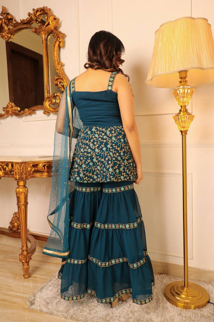 Teal green embroidered empire thread work kurta with sharara and dupatta