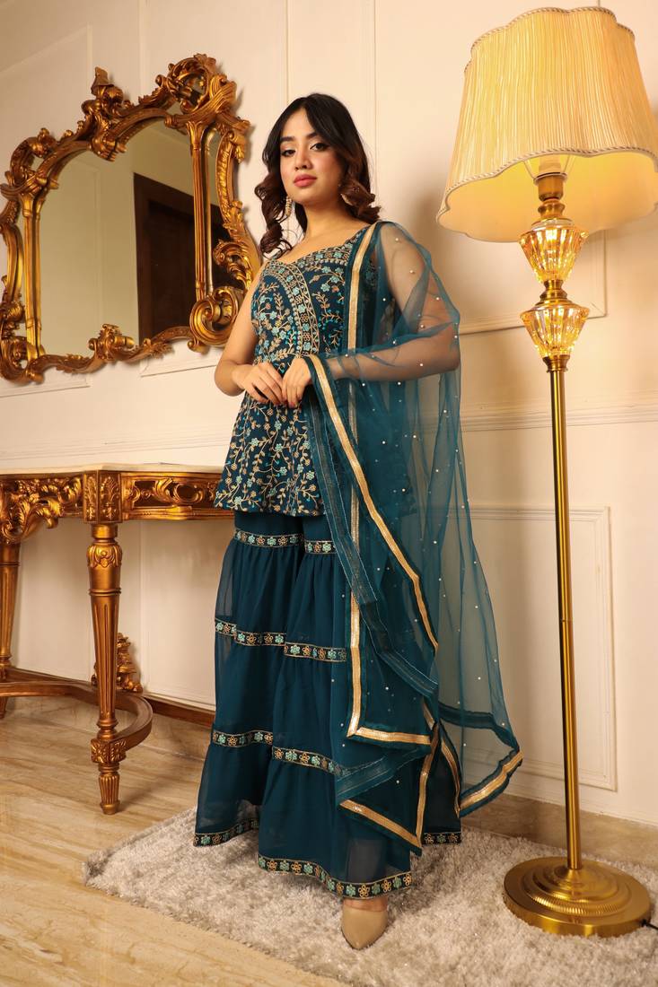 Teal green embroidered empire thread work kurta with sharara and dupatta