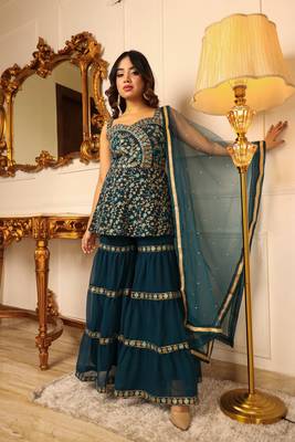 Teal green embroidered empire thread work kurta with sharara and dupatta 10