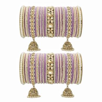 Lavender Kundan and Pearl Studded Jhumki Bangle and Kada Set 1