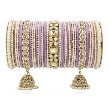 Lavender Kundan and Pearl Studded Jhumki Bangle and Kada Set 2