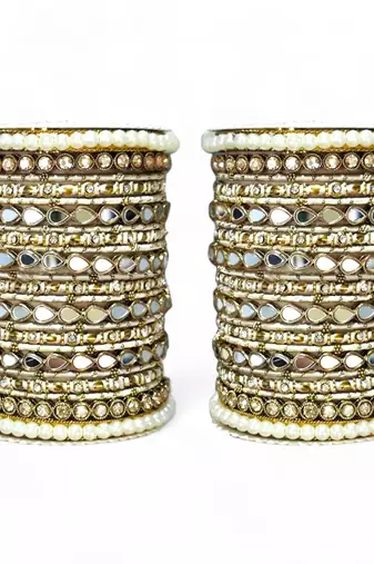 Bangle set with drop mirror kada and pearl by leshya
