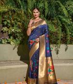 Blue zari woven paithani silk traditional saree with blouse
