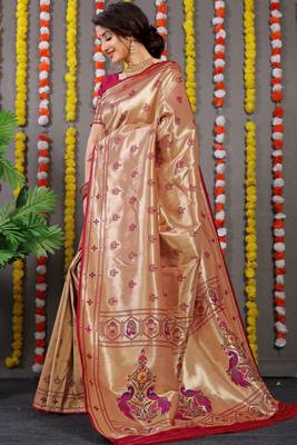 Maroon zari woven paithani silk traditional saree with blouse 2