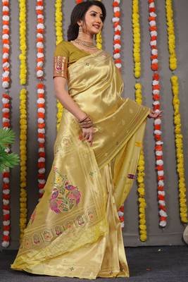Mehendi zari woven paithani silk traditional saree with blouse 2