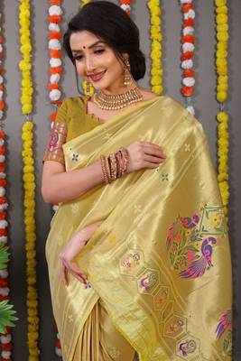 Mehendi zari woven paithani silk traditional saree with blouse 3