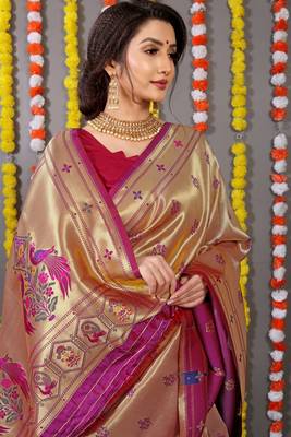 Purple zari woven paithani silk traditional saree with blouse 4