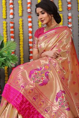 Pink zari woven paithani silk traditional saree with blouse 3