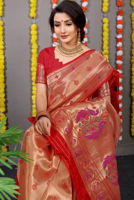 Red zari woven paithani silk traditional saree with blouse 4