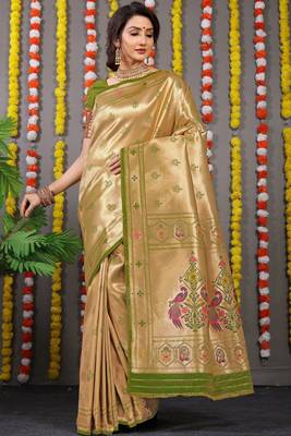 Green zari woven paithani silk traditional saree with blouse 1