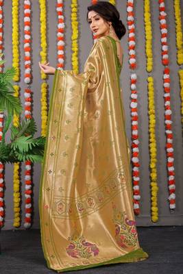 Green zari woven paithani silk traditional saree with blouse 2