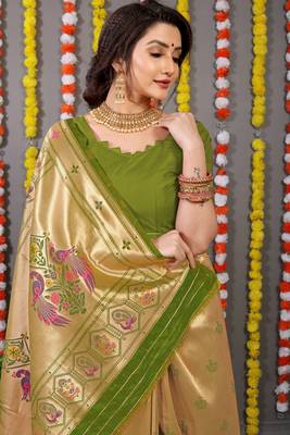 Green zari woven paithani silk traditional saree with blouse 4