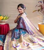 Teal zari woven paithani silk traditional saree with blouse