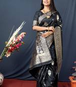 Black zari woven Banarasi silk blend traditional saree with blouse