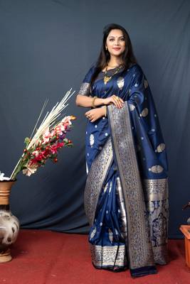 Blue zari woven Banarasi silk blend traditional saree with blouse 1