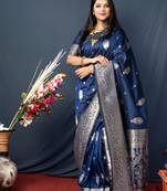 Blue zari woven Banarasi silk blend traditional saree with blouse