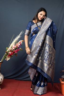Blue zari woven Banarasi silk blend traditional saree with blouse 2