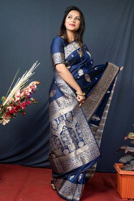Blue zari woven Banarasi silk blend traditional saree with blouse 3
