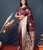 Maroon zari woven Banarasi silk blend traditional saree with blouse