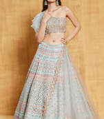WOMEN'S LIGHT TURQUOISE 2 TON COTTON ORGANZA SILK WITH SEQUINS AND ZARI EMBROIDERED ONE SHOULDER LEHENGA CHOLI
