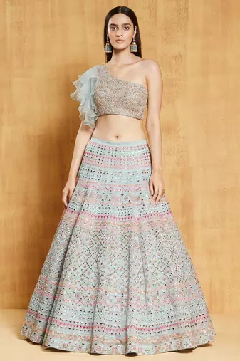 WOMEN'S LIGHT TURQUOISE 2 TON COTTON ORGANZA SILK WITH SEQUINS AND ZARI EMBROIDERED ONE SHOULDER LEHENGA CHOLI