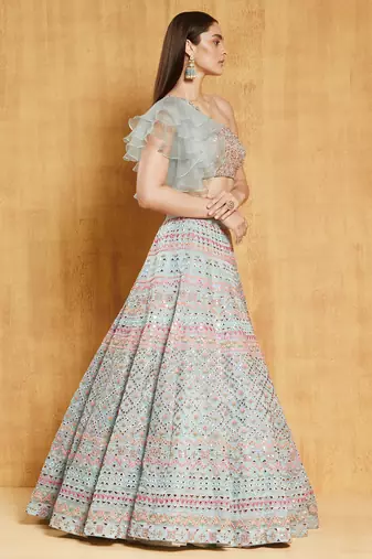 WOMEN'S LIGHT TURQUOISE 2 TON COTTON ORGANZA SILK WITH SEQUINS AND ZARI EMBROIDERED ONE SHOULDER LEHENGA CHOLI