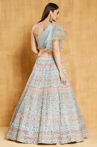 WOMEN'S LIGHT TURQUOISE 2 TON COTTON ORGANZA SILK WITH SEQUINS AND ZARI EMBROIDERED ONE SHOULDER LEHENGA CHOLI