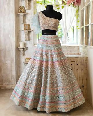 WOMEN'S LIGHT TURQUOISE 2 TON COTTON ORGANZA SILK WITH SEQUINS AND ZARI EMBROIDERED ONE SHOULDER LEHENGA CHOLI 6