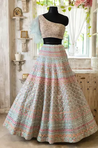 WOMEN'S LIGHT TURQUOISE 2 TON COTTON ORGANZA SILK WITH SEQUINS AND ZARI EMBROIDERED ONE SHOULDER LEHENGA CHOLI