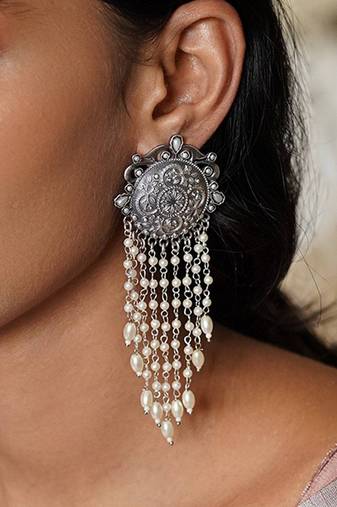 Round Long Pearl Dangler Earrings