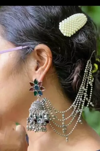 Enamel Painted Long Jhumka With Side Chain