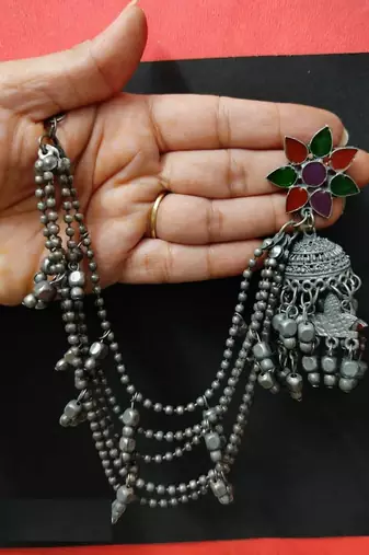 Enamel Painted Long Jhumka With Side Chain