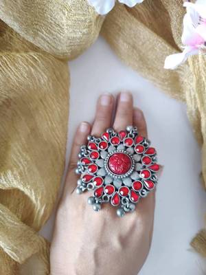 Red Silver Polish Cocktail Ring 1